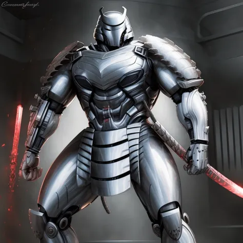 masterpiece, best quality, full body, 1boy, armor suit, upper body, looking at viewer, (silver samurai, full armor, cyborg, scie...