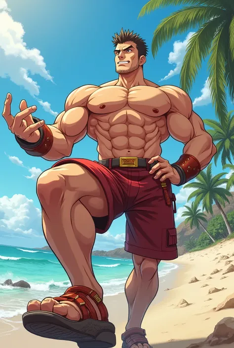 Muscular lifeguard male anime showing off his sandals view from the bottom