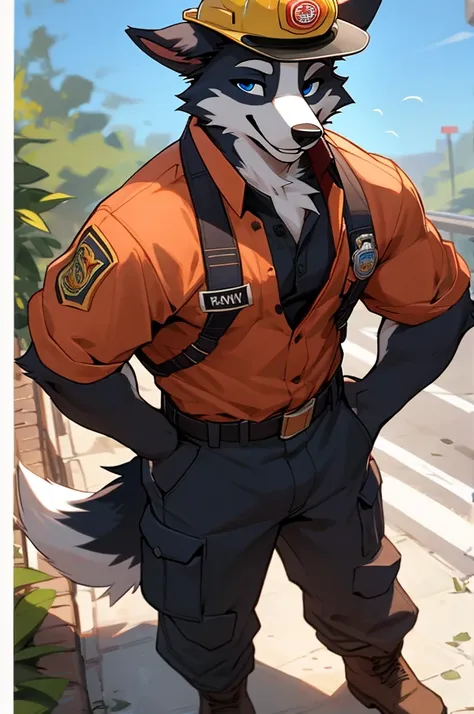 close up, bust POV, furry, anthro, border collie, fluffy border collie ears, border collie tail, ((black and white fur fur)), messy fur, handsome blue eyes, well-built body, handsome, sexy, wearing a firefighter uniform, firefighter helmet, white socks and...