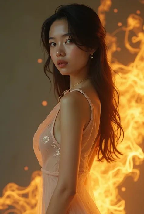 Wallpaper realistic portrait full body 8k,of Thai young woman, wearing dressing clear ,a write golden smoke 