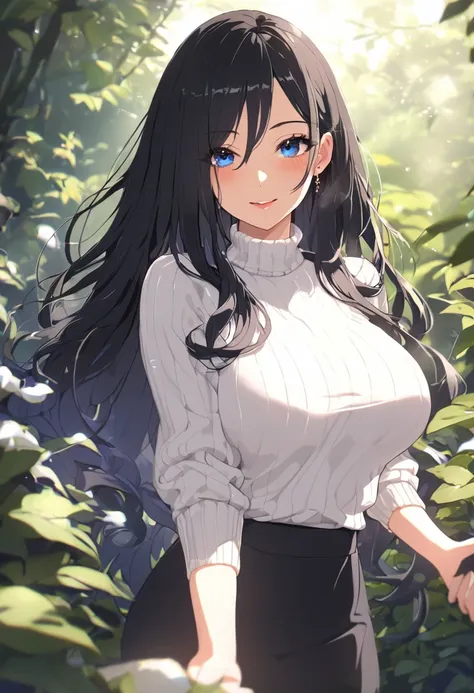 Anime Style, Beautifully detailed、High resolution portrait masterpiece of a girl with long hair。, Shiny black hair long Slight Waves hair and captivating Midnight blue eyes, white sweater, black skirt、She has a gorgeous smile that accentuates her small but...