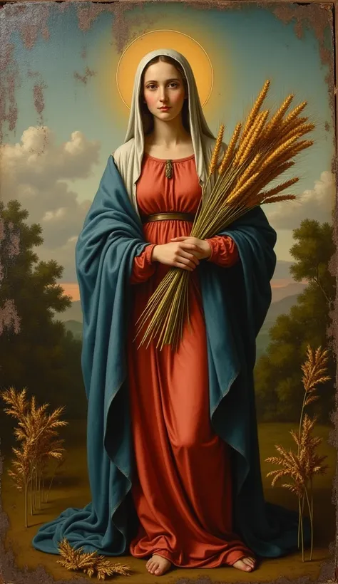 Oil painting by Raffaello Santi, canvas。 The color is fading, It&#39;s a little peeling。Beautiful Virgin Mary holding ears of wheat。slim。Looking at the camera。Red Tunic, Blue Coat, White Veil, Halo, Autumn Garden