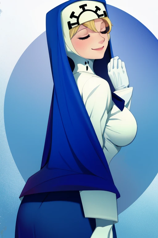 Double, short blonde hair, nun uniform, medium breasts, solo, 1girl, smile, white gloves, closed eyes, blue habit, cape, cross necklace, nun, long skirt,, from behind 