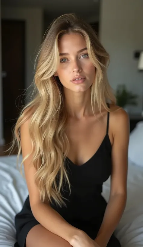 une fille blonde, French and Danish, long blond hair, yeux verts, in his modern room, assis sur son lit, in black dress, prendre une photo réaliste pour instagram, Instagram Model