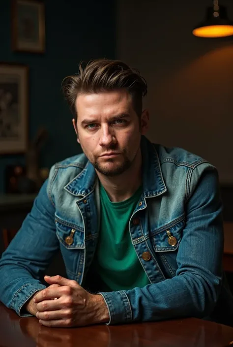 a 30 year old man, attractive facial features, sitting at a table, facing the camera,denim jacket,green t-shirt, dramatic lighting, high quality photography, annie leibovitz portrait style, chiaroscuro lighting, cinematic, 8k, photorealistic, hyper detaile...