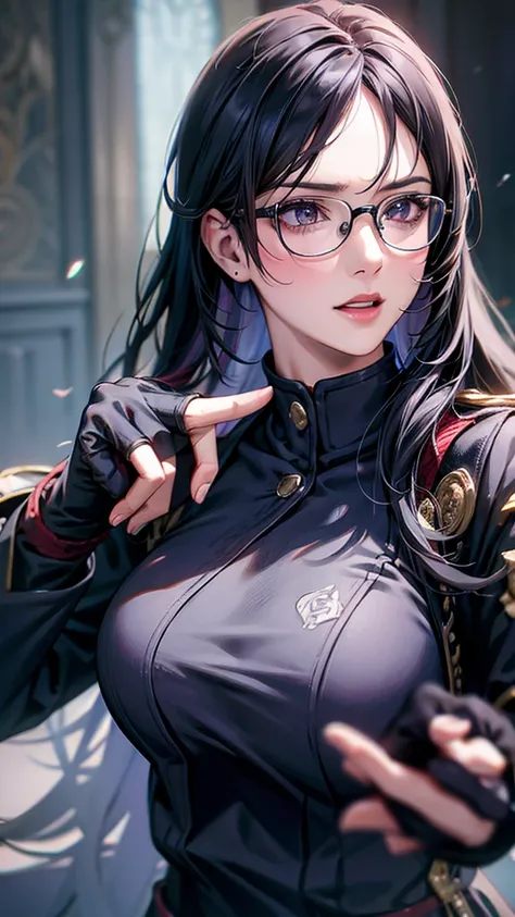 ((Paladin)),one  girl,long black hair,glasses,((full body)),fight,martial arts,grapple,((fingerless gloves)),school uniform,Long sleeve,Jacket,high socks,loafer,(best quality,4k,8k,highres,masterpiece:1.2),ultra-detailed,(realistic,photorealistic,photo-rea...