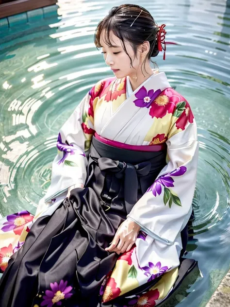 long-sleeved kimono, hakama, long hakama, long long-sleeved kimono, wet clothes, floral kimono, soaking wet clothes, wet and shi...