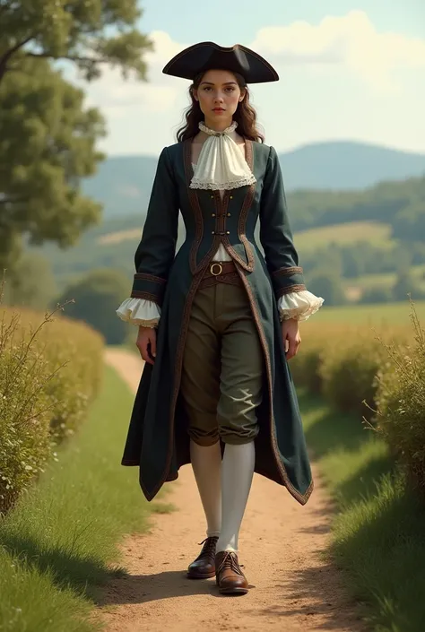 A countryside path. A girl in her 20s wearing: wide knee-lenght breeches, a wide long-sleeved military buttoned doublet, a white jabot, white hoses, leather shoes and a tricorn hat.