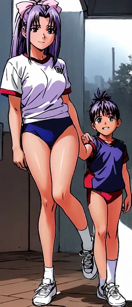 On the right is Momoko Koigakubo, smiling and showing off her beautiful legs in gym clothes.。On the left, a young child in casual clothing is having his head stroked by Momoko Koigakubo.。High image quality。