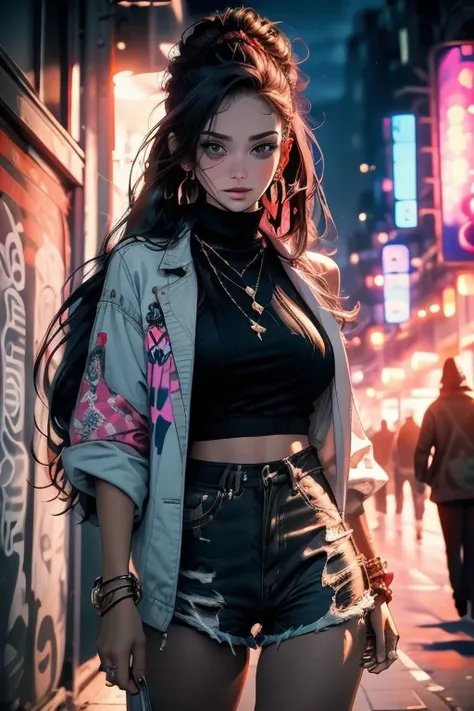 (masterpiece, best quality, 2 girl, Two, complex details, chromatic aberration), realistic, ((average breathing)), long hair, Black hair, Red head decoration, pink highlights, green eyes, earrings, sharp eyes, Necklace, medical white coat, ripped shorts, t...