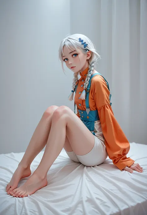 1 girl, orange sleeves, White hair, white skin, Blue hair ornament, Blue suspenders, blue clothes, light blue eyes, bare feet, double braids