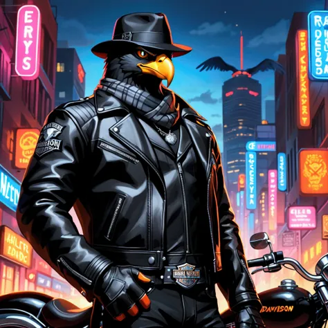 Closeup, An extremely badass black eagle wearing an insanely cool black leather Harley Davidson biker jacket open, black fedora, warm scarf, standing in a neon cityscape background, good looking