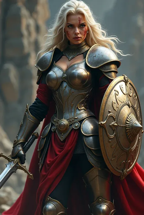 photorealisic image of a stunning lady paladin holding sword and shield covering her body, defense stance, scars and wounds on h...