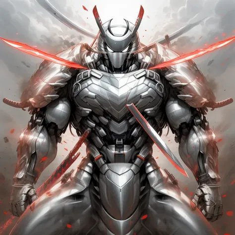 masterpiece, best quality, full body, 1boy, armor suit, upper body, looking at viewer, (Silver Samurai, full armor, cyborg, science fiction, combat helmet) holding sword, 