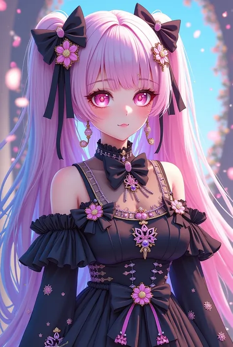 big eyes, maximalist character Vtuber. decorative black outfit in Luolite style. Her face is anime style, huge sparkling eyes in gradient pastel colors. Long eyelashes layered hair cascades in pastel pink, purple and blue, decorated with many bows, flowers...