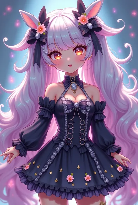 big eyes, maximalist character Vtuber. decorative black outfit in Luolite style. Her face is anime style, huge sparkling eyes in gradient pastel colors. Long eyelashes layered hair cascades in pastel pink, purple and blue, decorated with many bows, flowers...