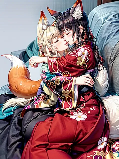 anime, girl, woman, hakama, furisode, long hakama, floral kimono, fox, fox ears, fox tail, big ears, big tail, sleeping woman, s...