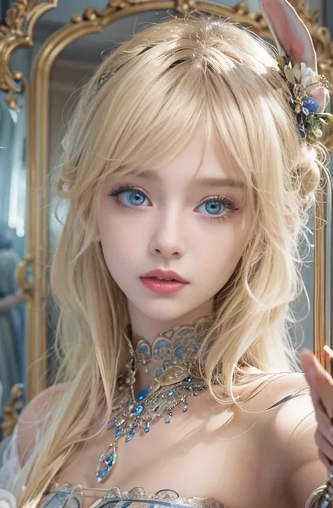 masterpiece: 1.2, Portraiture, Best Quality), Realistic, (live-action, Intricate details, Written boundary depth), Best Quality, masterpieceAttention to detail, semi-Realistic, In the city , blue eyes, blonde、 Slim figure、Bare shoulders、Antique Bunny Girl、...