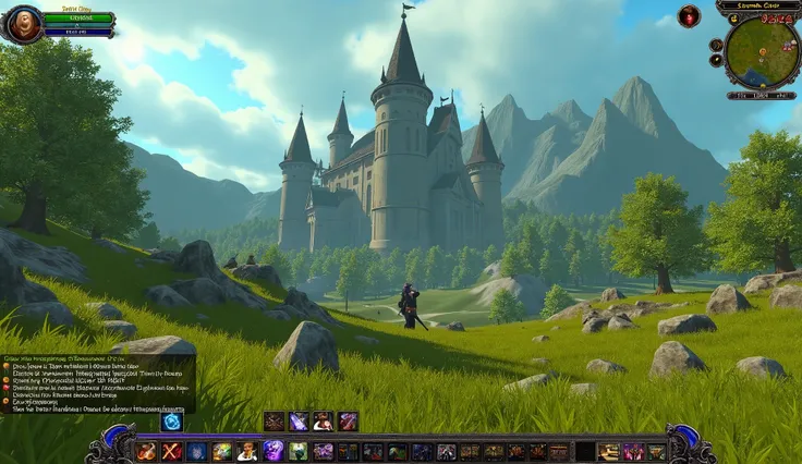 a world of warcraft fake screenshot, visible in the user interface. The grassland outside Stormwind Castle, on a spring noon. There are many other players watching the battle. The chat text box at the bottom center displays the text: Server: Restart in 5 m...