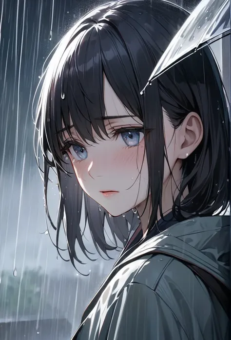 Upper body close-up（((masterpiece), on)"Perfect face, short black hair, beautiful eyes, Japanese, clean facial features, she stands still in the rain, with the cold raindrops wetting her face. Her expression is a mix of loneliness and quiet sorrow, with a ...