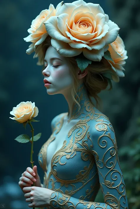 The image shows a fantastic figure resembling a woman with elements of nature. She has a large rose on her head, which looks like a hat or part of her head. Her face is pale, with closed eyes and delicate features. Her clothes or skin are decorated with co...