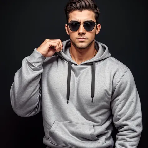 a very handsome young man, sunglasses, wearing a gray sweatshirt, very muscular, on a black background