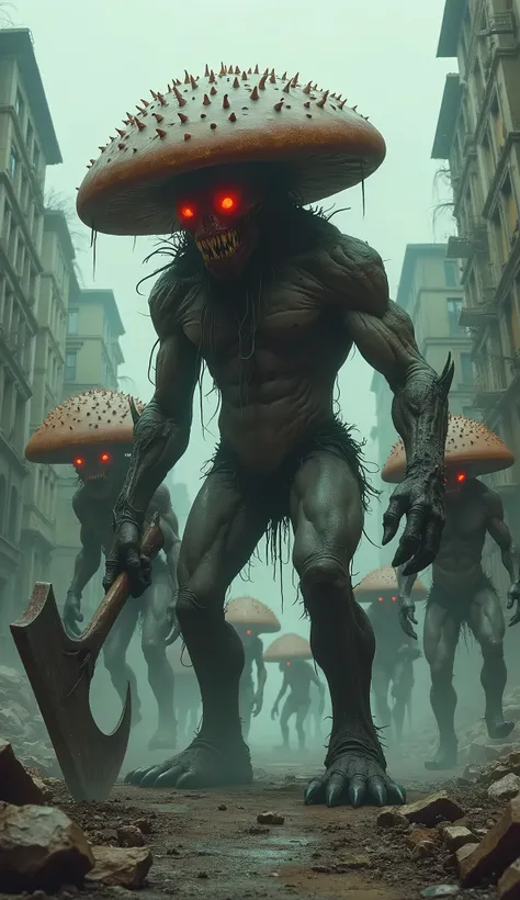 A horde of humanoid creatures with large mushroom-shaped heads, glowing red eyes, and sharp teeth, standing in a post-apocalyptic urban setting with crumbling, abandoned buildings in the background. The main creature is holding an axe, and there are multip...