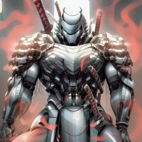 masterpiece, best quality, full body, 1boy, armor suit, upper body, looking at viewer, (silver samurai, full armor, cyborg, scie...