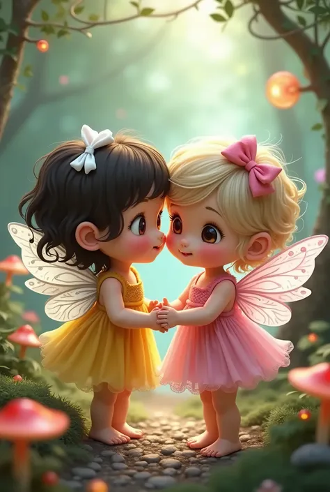 Toddler very very short dark brown hair barrette white bow dark brown eyes dressed yellow dress barefoot with black wings toddler very very short hair Blond barrette black bow pink dress barefoot with white wings in a fairy forest with magical creatures 