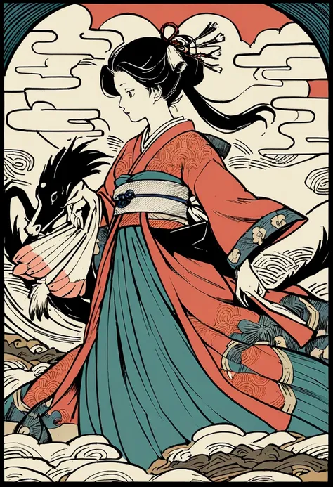 Edo period Ukiyo-e style,Line art,animal,woman,Vibrant color scheme