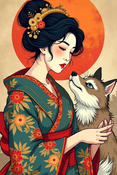 Edo period Ukiyo-e style,Line art,animal,woman,Vibrant colors