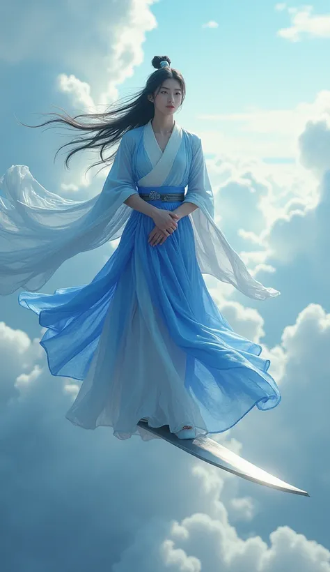 Sky,Handsome,Cold,Chinese young men,Long hair with bangs,Perfect body,Wearing a blue and white fairy robe with sleeves,Standing on the giant sword,in flight,Put your hands behind your back