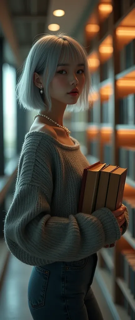 (8k, Photorealistic, Original photo, Highest quality: 1.4),Japanese idol-style beautiful girl,1,Model,1 person,(Short Bob),(Silver Hair),She has her hair tucked behind her ears,Clear grey eyes,Long eyelashes,Black-rimmed round glasses,(piercings(small)),(L...