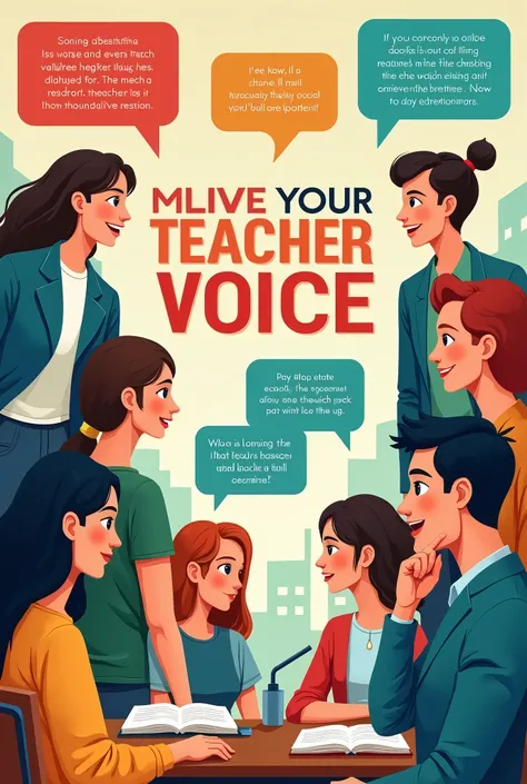 valuing teacher voices: towards a new social contract for education, make it 4k and have chat bubbles regarding the theme above and make it like a college of education theme type where it focuses on making a poster making for a teacher for it college of ed...