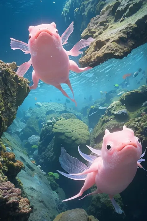 A charming amphibious creature called Bubblefin. Its about the size of a small dog, with a round, plump body resembling a mix between a seal pup and an axolotl. Its skin is smooth and iridescent, shifting between soft pastel shades of blue, pink, and purpl...