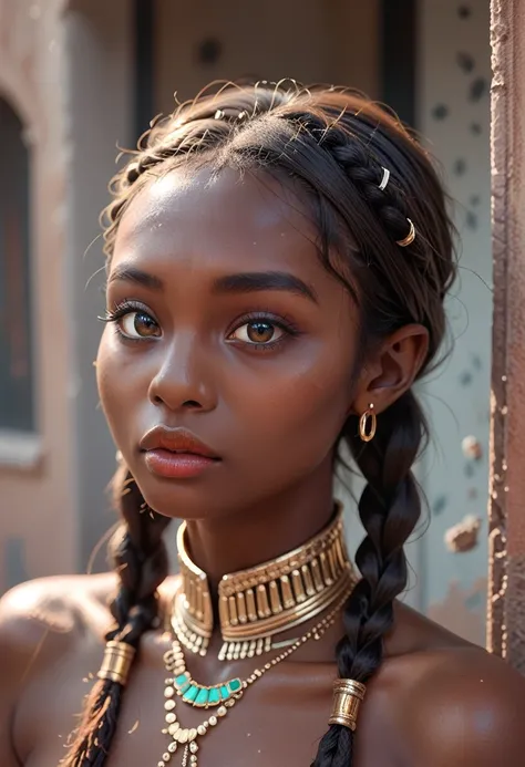 portrait of a woman of african descent with nago braids in her hair in an african city.