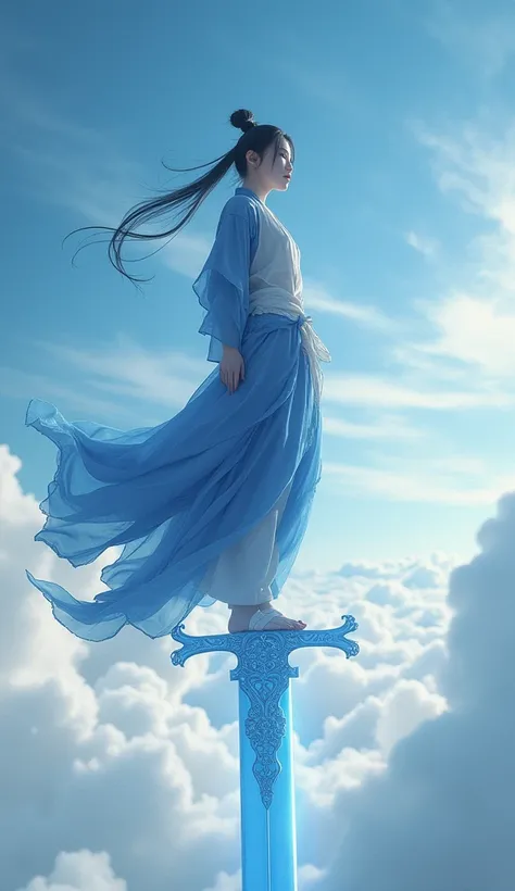 Sky,Handsome,Cold,Chinese young men,Long hair with bangs,Perfect body,Wearing blue and white Hanfu,Standing on the giant sword,in flight,Put your hands behind your back