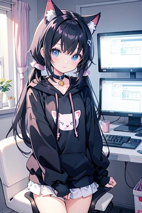 Anime girl in a room with many electronic devices, Alone, Pixiv, Pixel Art, Lo-fi Girl, cute anime cat girl, Lofi Artstyle, Lo-fi Girl aesthetic, Anime aesthetics, Black hoodie, Cat ears anime girl, Lofi Art, Beautiful anime cat girl, nekomimi,　A girl with...