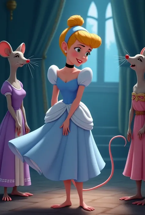 Full-body shot of Disneys Cinderella. As the magic fades, Cinderella began to transform. She has a mouse tail, mouse ears, a mouse nose, a mouse mouth, and mouse feet. She looks down to admire her new feet and sees that her wicked stepmother and stepsister...