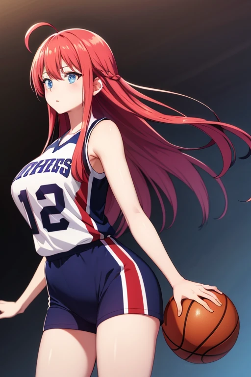 High resolution, masterpiece最high quality, High resolutionモデル, high quality, , Redhead, Long Hair, Ahoge,blue eyes, Large Breasts, Basketball Uniform