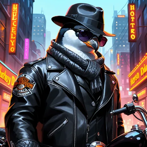 Closeup, An extremely badass penguin wearing an insanely cool black leather Harley Davidson biker jacket open, black fedora, black sunglasses, warm scarf, standing in a neon cityscape background, good looking