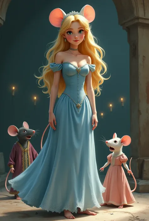 Full-body shot of Disneys Cinderella. As the magic fades, Cinderella began to transform. She has a mouse tail, mouse ears, a mouse nose, a mouse mouth, and mouse feet. She looks down to admire her new feet and sees that her wicked stepmother and stepsister...