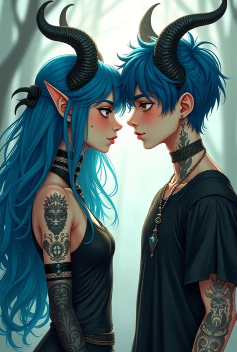 A beautiful girl with long blue hair, with hazel eyes and dark clothes, with tribal tattoos and horns on top of their heads.
A boy with short blue hair, with hazel eyes and dark clothes, with tribal tattoos and horns on top of the head.
Let the animation b...