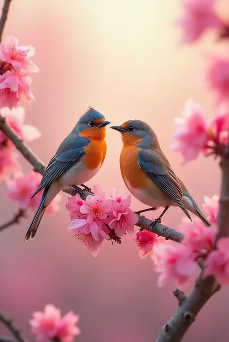 Birds remain in pink bloom，Take pollen，Colors are eye-catching，sharp