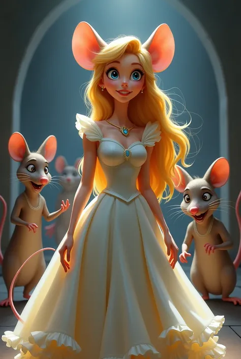 Full-body shot of Disneys Cinderella. As the magic fades, Cinderella began to transform. She has a mouse tail, mouse ears, a mouse nose, a mouse mouth, and mouse feet. She looks down to admire her new feet and sees that her wicked stepmother and stepsister...