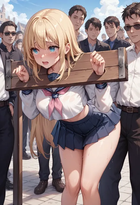 Beautiful long blonde　Girl in sailor suit　mini skirt　Pleated skirt　Long sleeve　((Teary-eyed))　despair　　((sweat))　jia　pillory　Leaning forward　Public Square　crowd