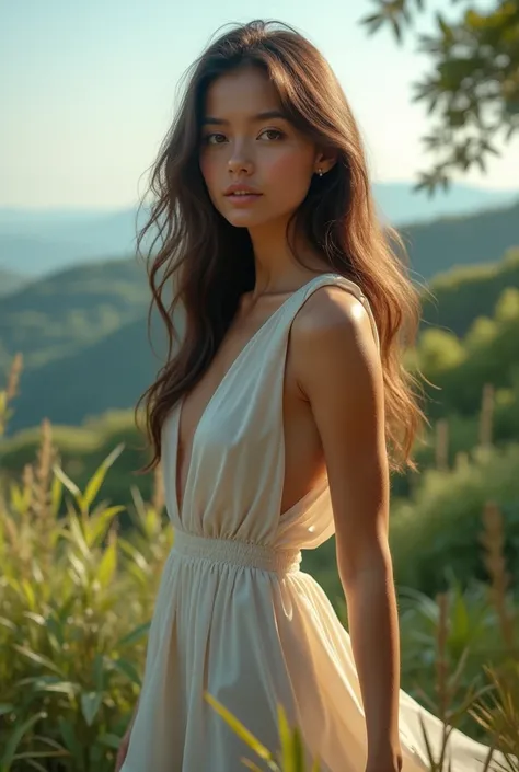 a beautiful young woman with striking features, long flowing hair, wearing an elegant dress, set against a serene natural landscape, masterfully rendered in photorealistic 4k detail