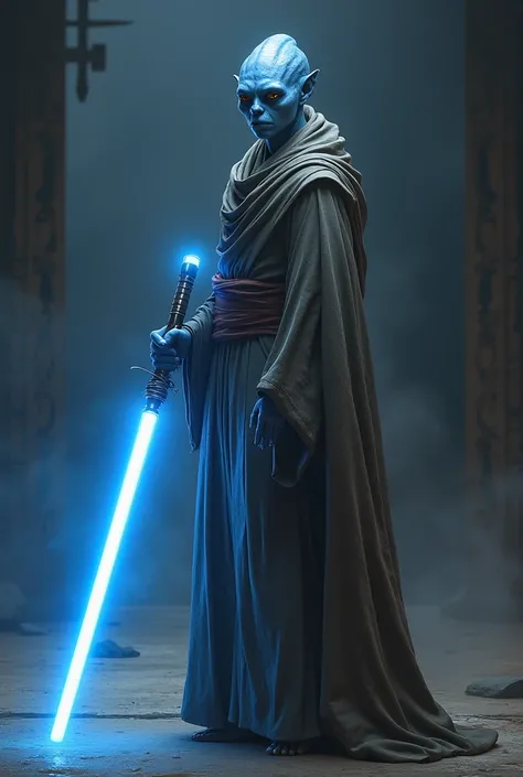 A 2 Kaminoan he is a Jedi of the Kaminoan race and his lightsaber is blue, realistic