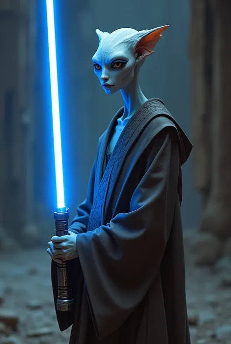 A 2 Kaminoan he is a Jedi of the Kaminoan race and his lightsaber is blue, realistic