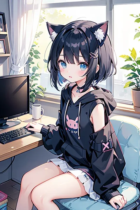 Anime girl in a room with many electronic devices, Alone, Pixiv, Pixel Art, Lo-fi Girl, cute anime cat girl, Lofi Artstyle, Lo-fi Girl aesthetic, Anime aesthetics, A black hoodie with Pokémon Coil on it, Cat ears anime girl, Lofi Art, Beautiful anime cat g...